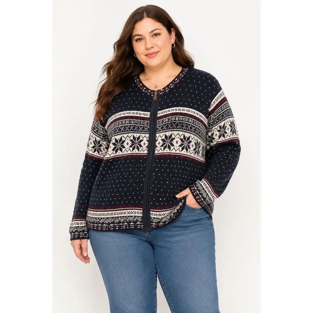 Studio Works Womens Cardigan Sweater Fair Isle Print Zip Black Petite Large